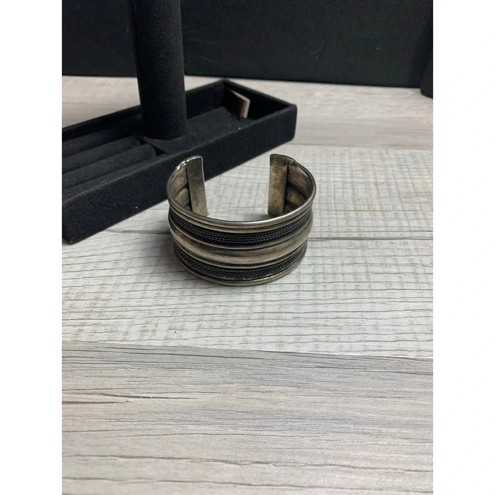 Vintage Silver Tone Wide Mixed Texture Braided Rope Cuff Bracelet India Size 7
